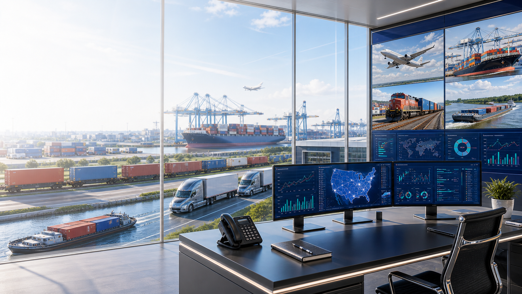 Nadalini Global multimodal freight brokerage operations with trucks, port, rail, waterway, and logistics office view